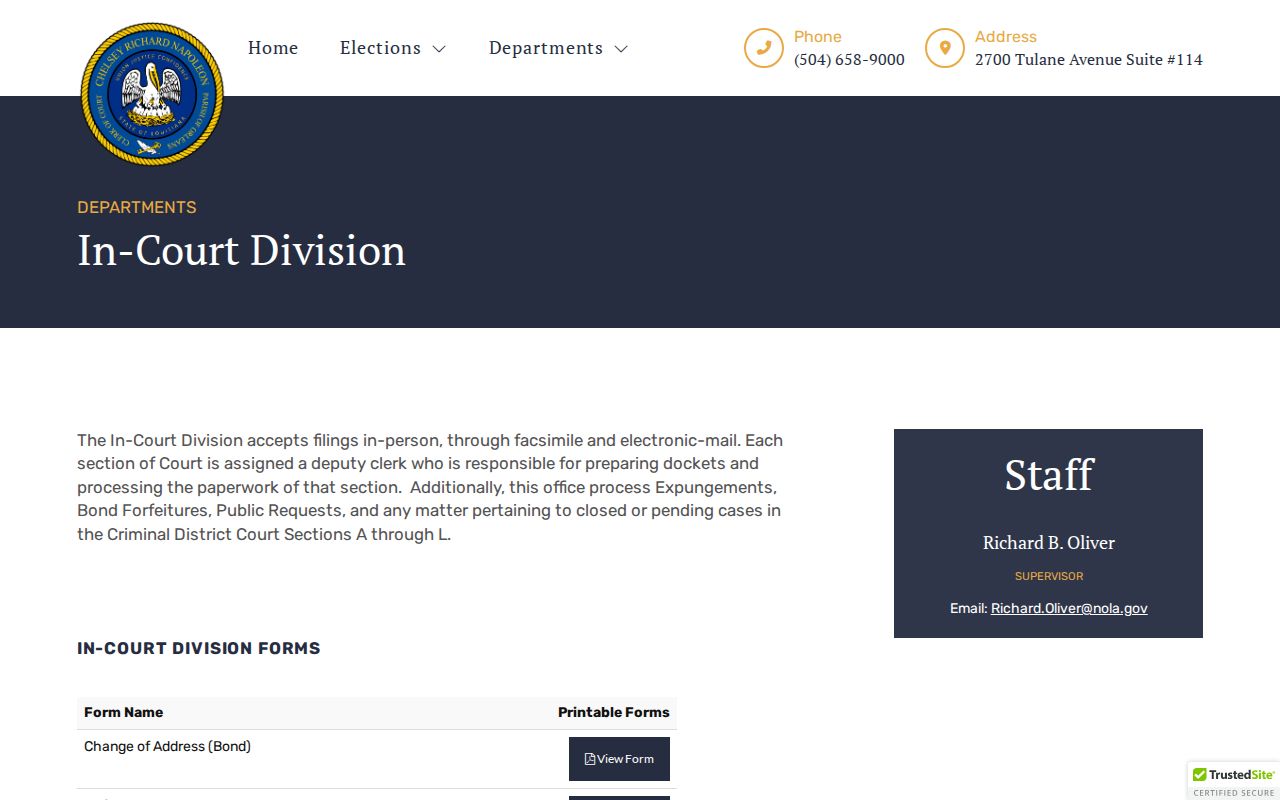 Orleans Parish bench warrant records: the criminal court in-court division that handles case filings and public requests