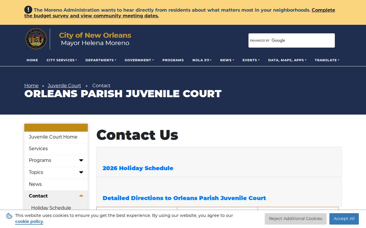 New Orleans warrant records: the Juvenile Court contact page with its location and office hours