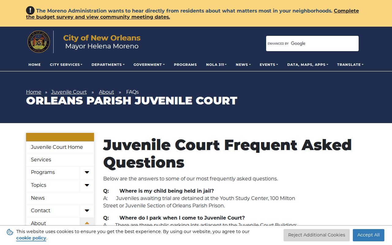 New Orleans warrant records: the Juvenile Court FAQ language on failure to appear and immediate arrest