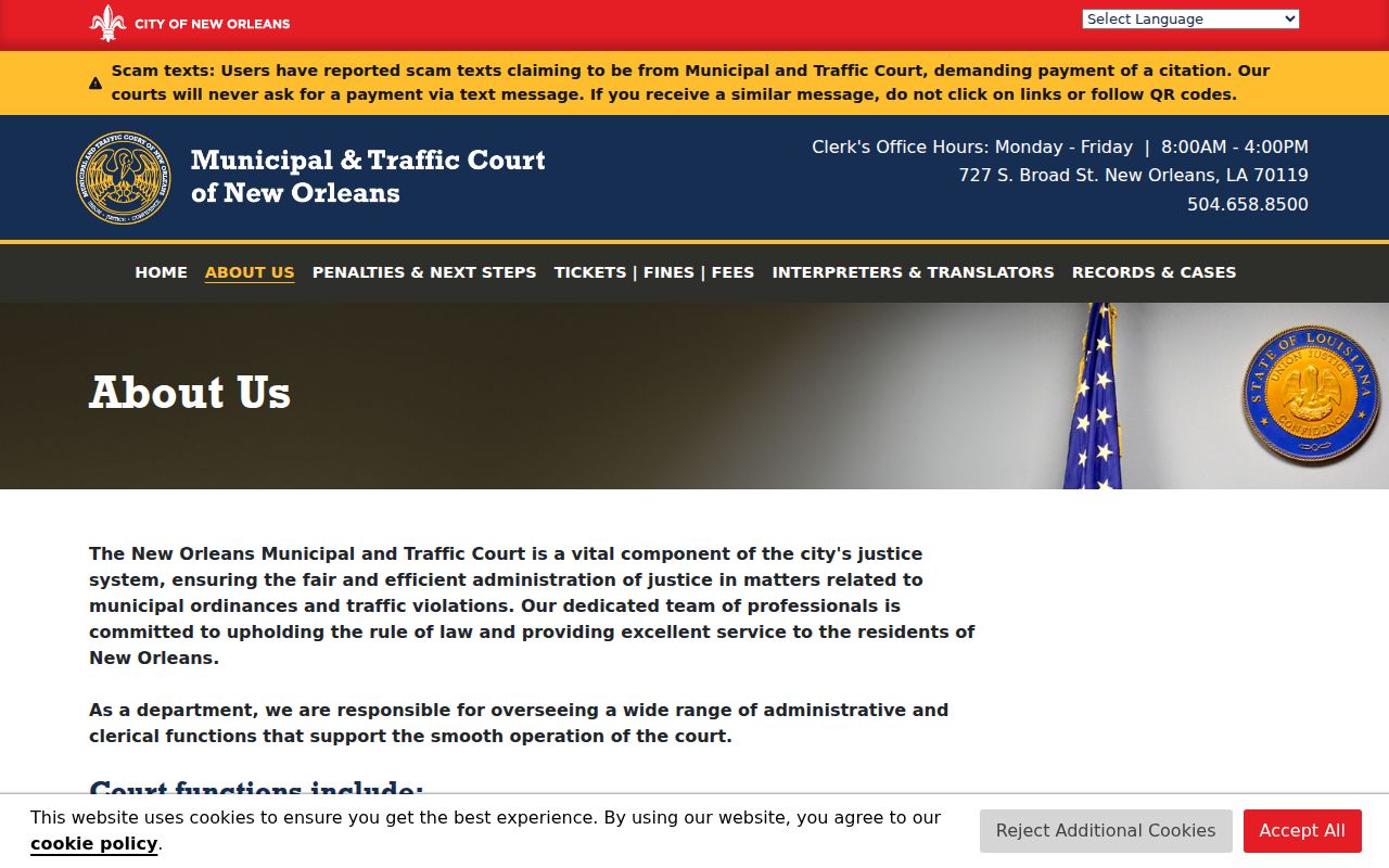 Orleans Parish municipal warrant records: the city court page listing its divisions, clerk and first-appearance court