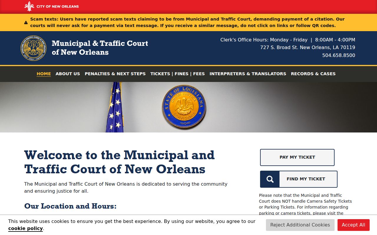 Orleans Parish municipal warrant records: the city court home page with the Broad Street address, search and payment links