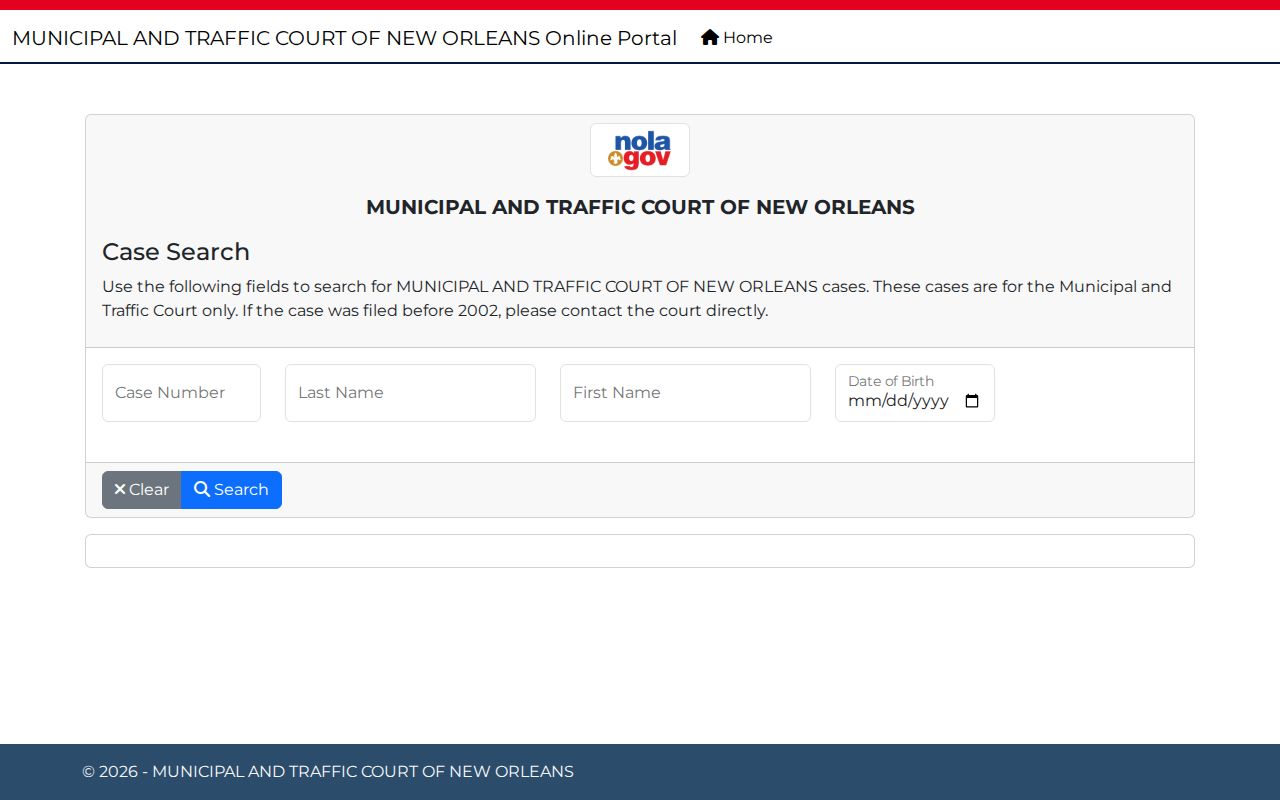 Orleans Parish warrant records: the city court case search fields and result columns