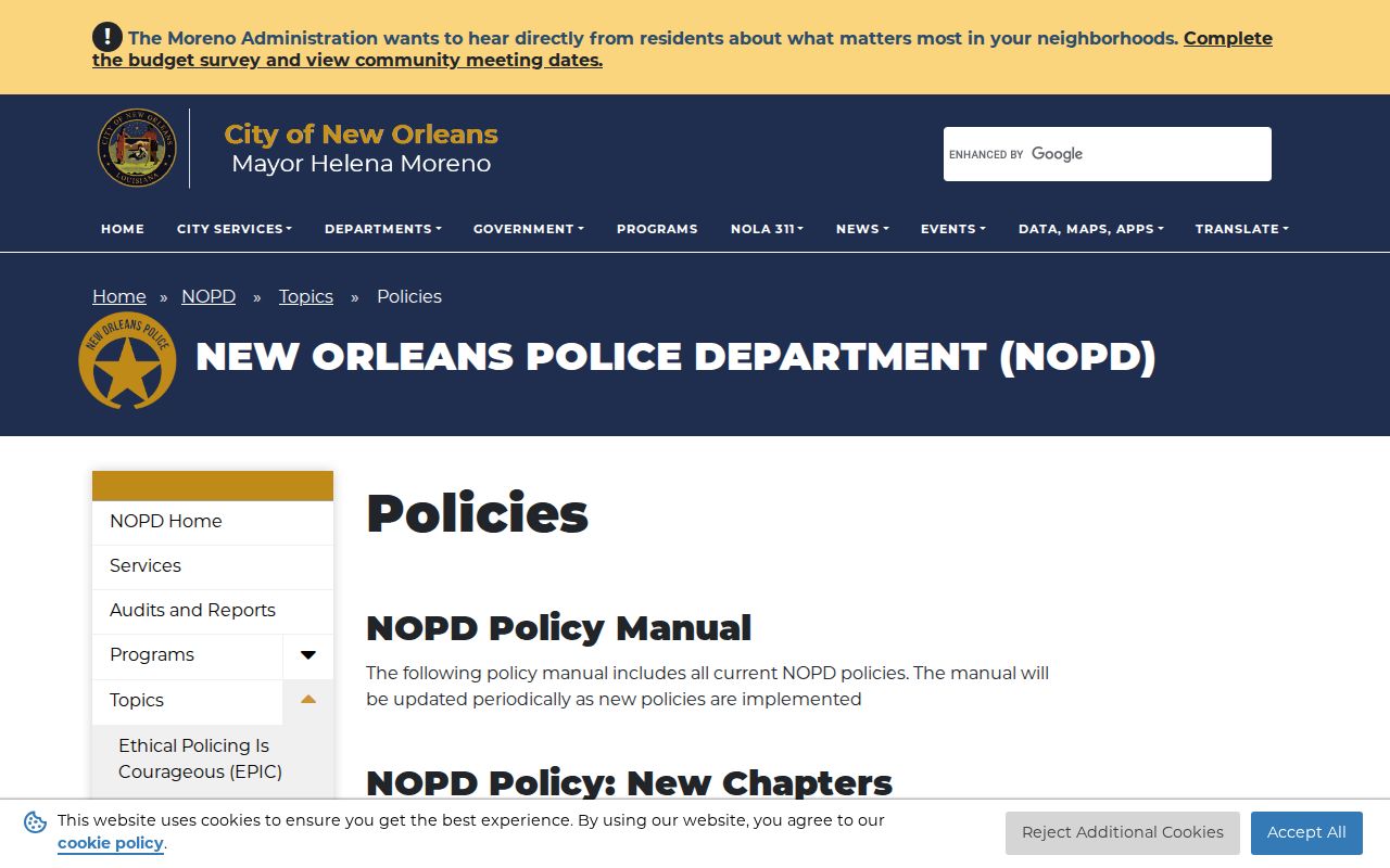 Orleans Parish arrest warrant records: the police policy index naming warrant and failure-to-appear chapters