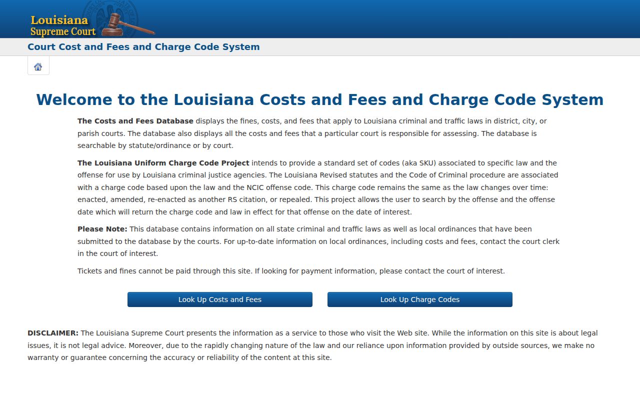 Orleans Parish municipal warrant records: the official Louisiana court cost lookup page that directs fines to the local court