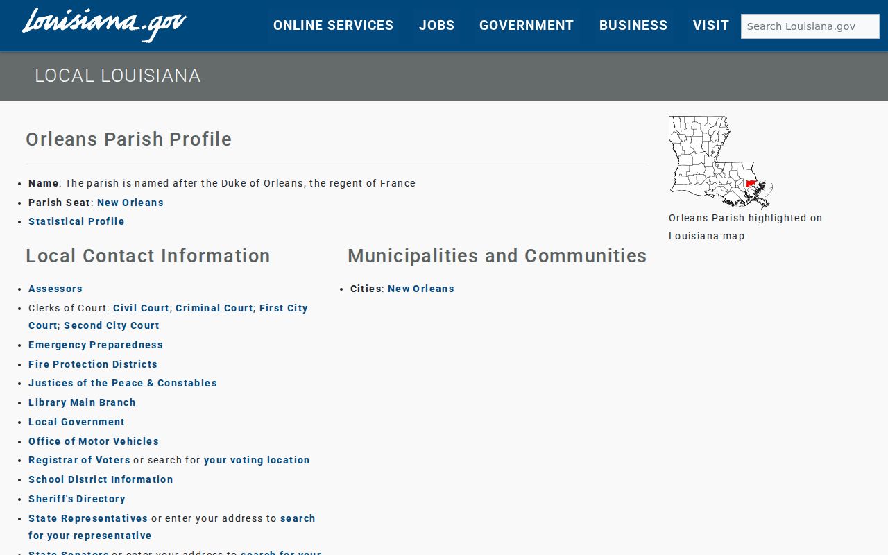 Orleans Parish warrant records: the state profile listing New Orleans as the only incorporated city
